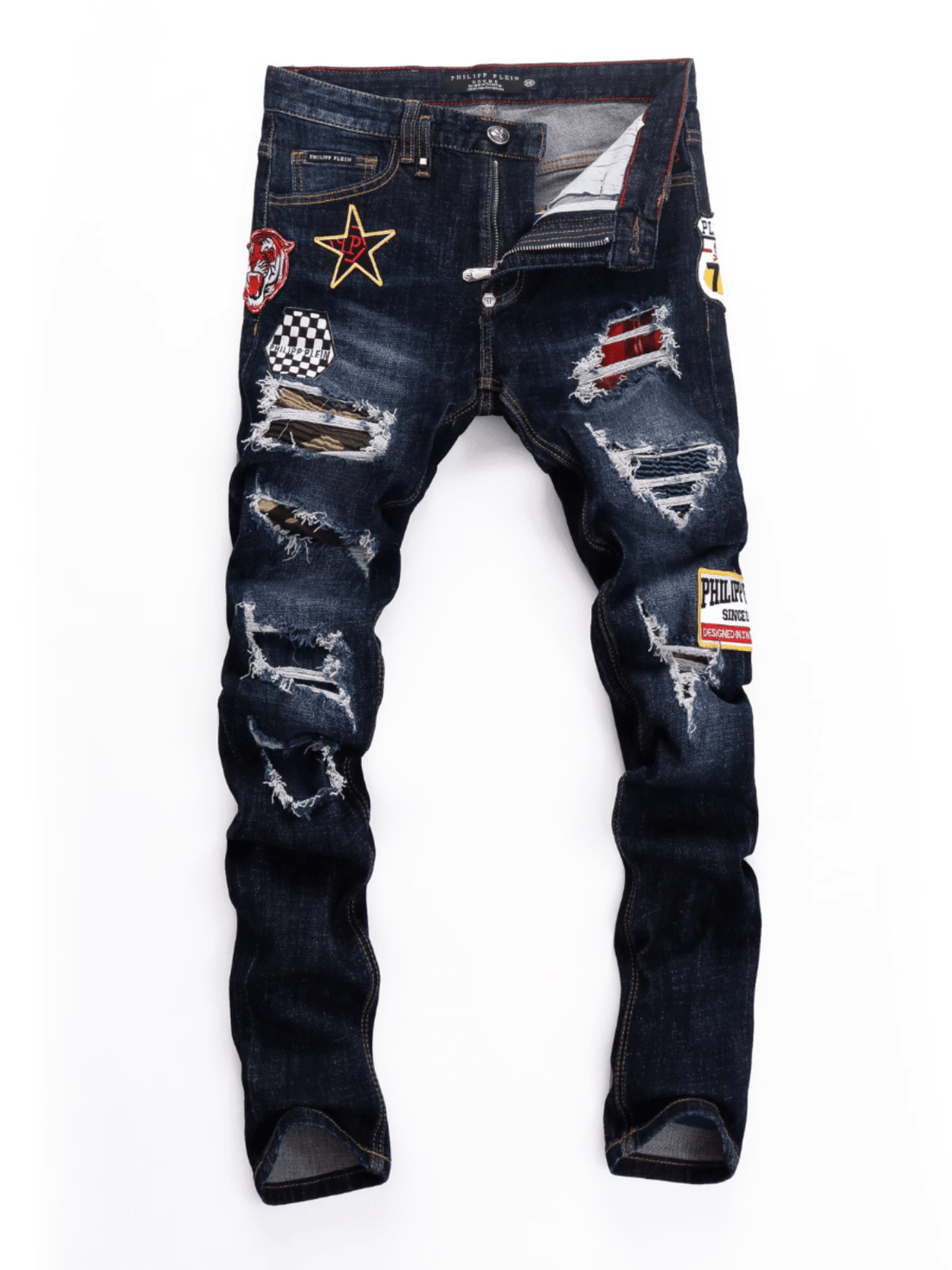 Dark Blue Badge Ripped Jeans
