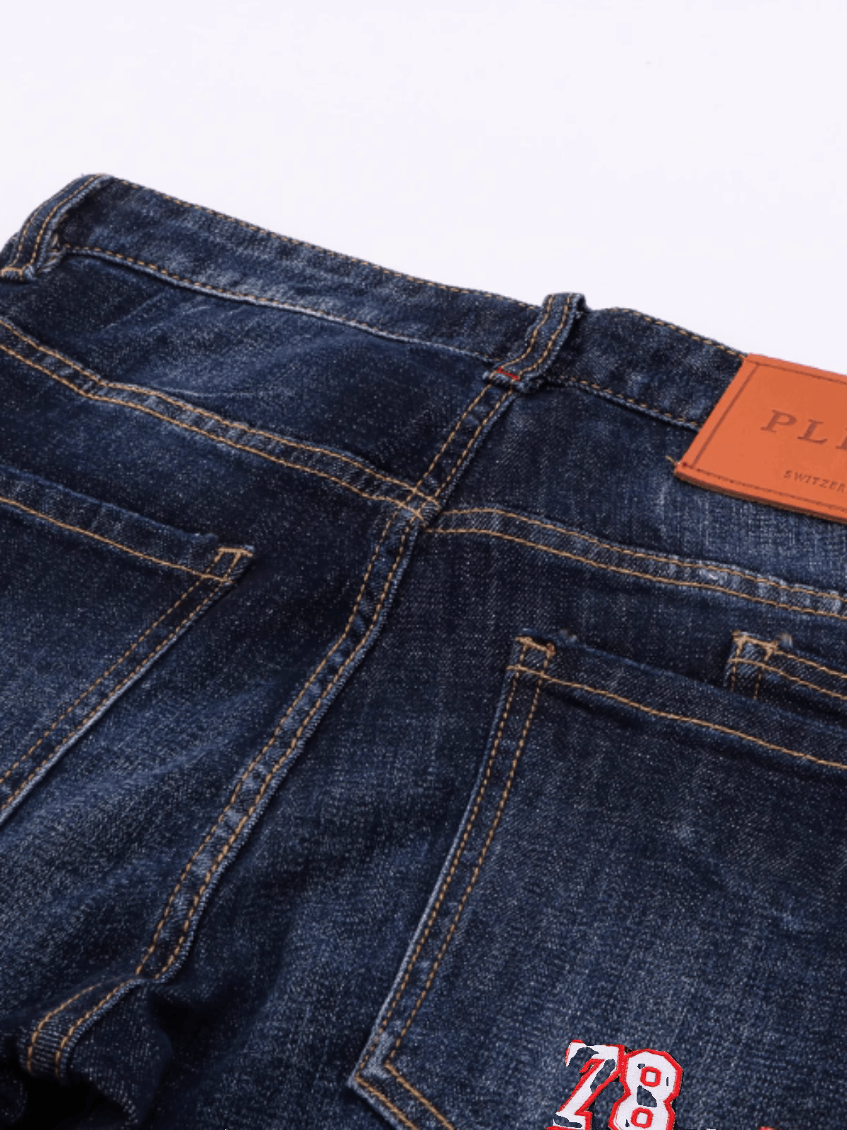 Dark Blue Badge Ripped Jeans