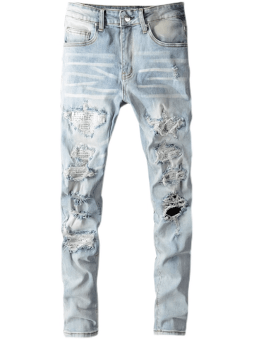 Light Blue Ripped Diamond Patch Jeans