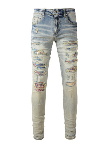 Washed Denim Pink & Blue Patch Jeans