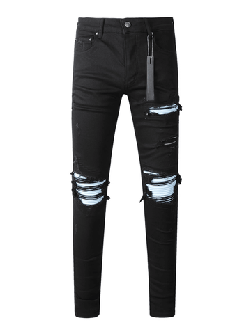 Black Ripped Light Blue Patch Jeans