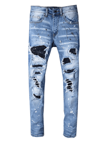 Denim Paint Diamond Patch Jeans