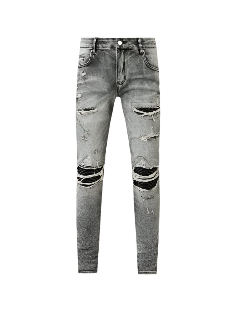 Grey Ripped Black Patch Jeans
