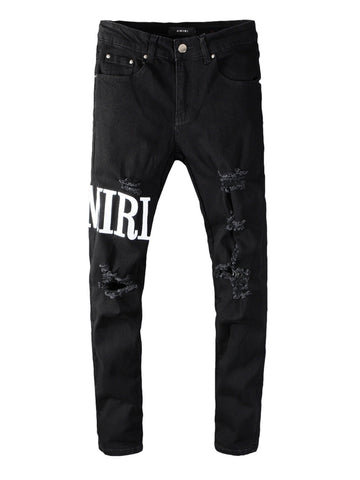 Black Denim White Writing Ripped Jeans