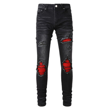Red Pleated Patch Jeans